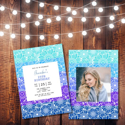 シックレインボーブルーストライプフローラフォト誕生日 招待状