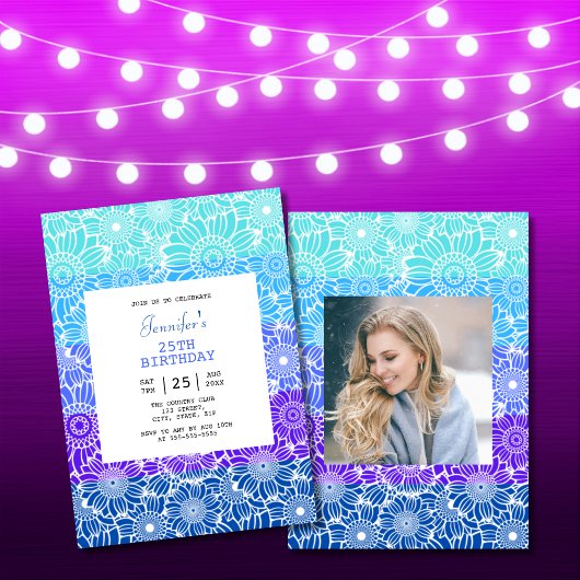 シックレインボーブルーストライプフローラフォト誕生日 招待状