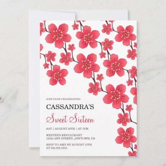 シックレッドさくらんぼブロッサムフローラ植物学誕生日 招待状 (正面)