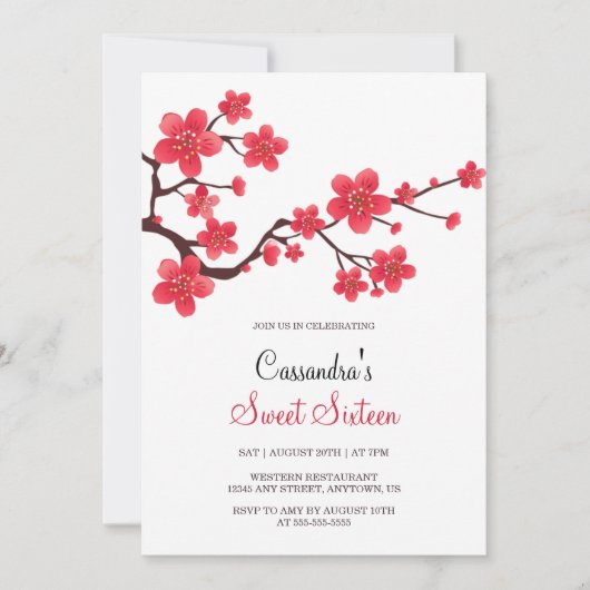 シックレッドさくらんぼブロッサム桜フローラ誕生日 招待状 (正面)