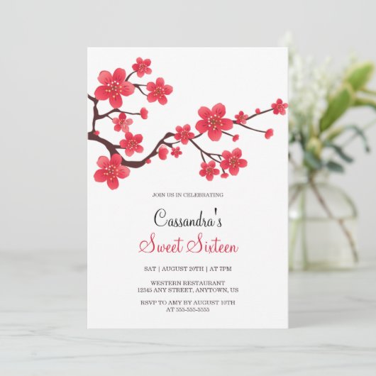シックレッドさくらんぼブロッサム桜フローラ誕生日 招待状 (スタンド正面)
