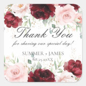 シックレッドブルゴーニュ赤面ピンクローズフローラ結婚ズ スクエアシール (正面)