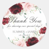 シックレッドブルゴーニュ赤面ピンクローズフローラ結婚ズ ラウンドシール (正面)