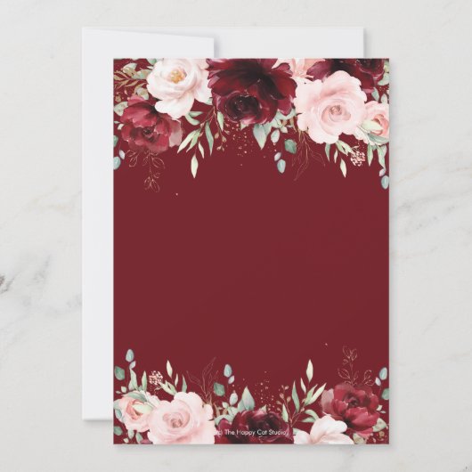 シックレッドブルゴーニュ赤面ピンクローズフローラ結婚ズ 招待状 (裏面)