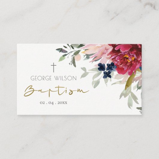 シックレッドブルゴーニュ赤面ブルー金ゴールドフローラバプテスマ プレイスカード (正面)