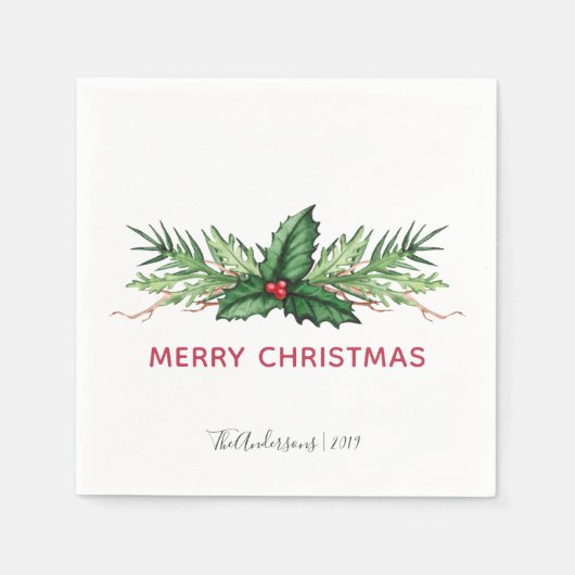 シックレッドホリーブケ色彩の鮮やかッククリスマスホリデー スタンダードカクテルナプキン (正面)