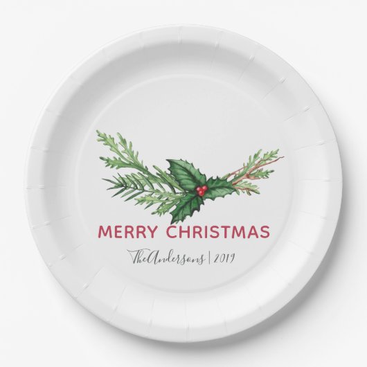 シックレッドホリー葉ズブーケクリスマスホリデー ペーパープレート (正面)