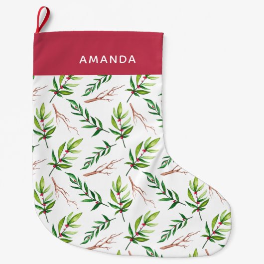 シックレッドホリ葉ーパタンホリパーソナライズされたー ラージクリスマスストッキング (正面)