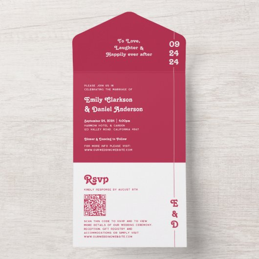 シックレトロはっきりしたホットピンクモノグラムQRコード結婚ズ オールインワン招待状 (内側)