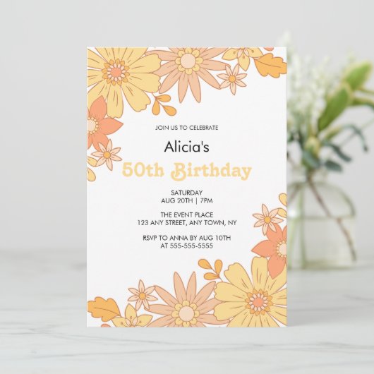 シックレトロオレンジピーチフローラグルーヴィー50th誕生日 招待状 (スタンド正面)