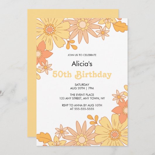 シックレトロオレンジピーチフローラグルーヴィー50th誕生日 招待状 (正面/裏面)