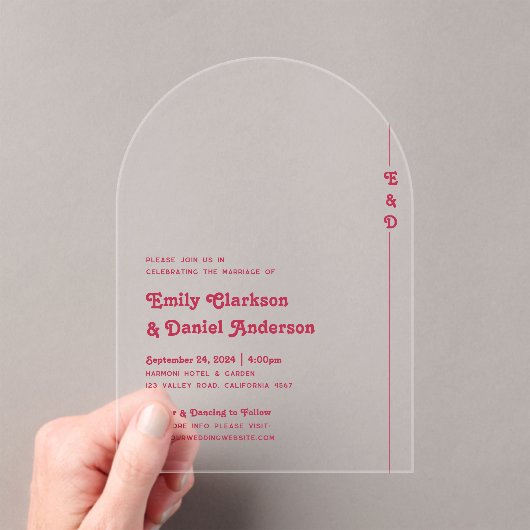 シックレトロサマーブライトホットピンクモノグラム結婚ズ アクリル招待状 (インサイチュ (ポータブル))