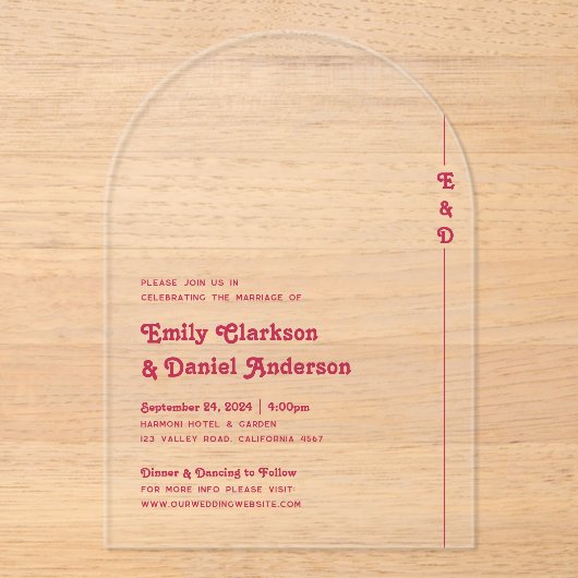 シックレトロサマーブライトホットピンクモノグラム結婚ズ アクリル招待状 (正面)