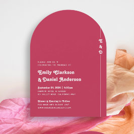 シックレトロサマーブライトホットピンクモノグラム結婚ズ 招待状