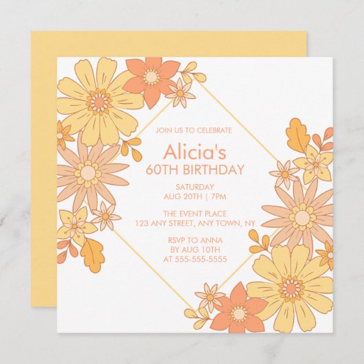 シックレトロヒッパイオレンジピーチフローラ60th誕生日 招待状 (正面/裏面)