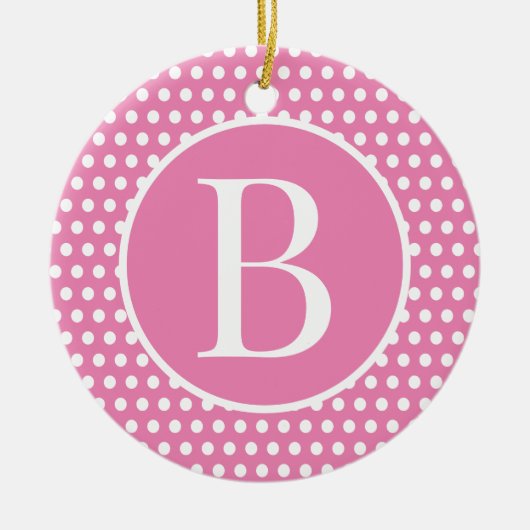 シックレトロピンクイニシャル水玉模様 セラミックオーナメント (正面)