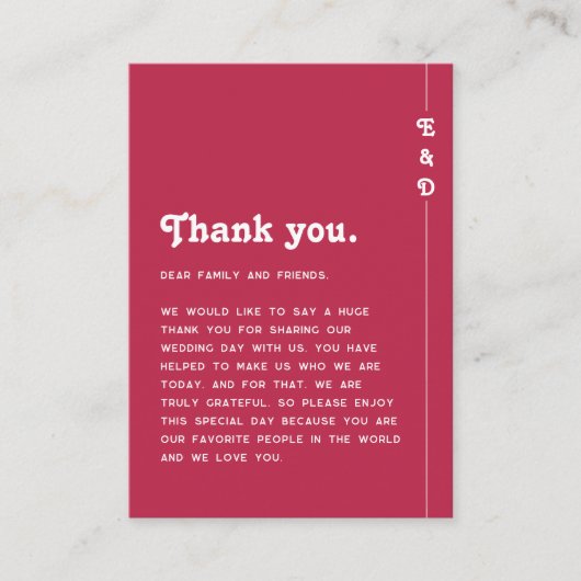 シックレトロブライトホットピンク結婚ズありがとう プレイスカード (正面)