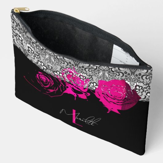 シックレース&バラ パーソナライズされた アクセサリーポーチ (見開き)