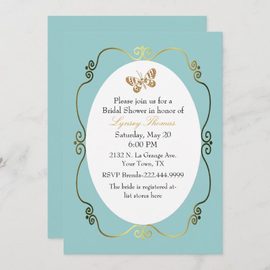 シックロビンズエッグブルー&金ゴールドカスタムブライダルシャワー 招待状 (正面/裏面)