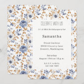 シックロマンティックブルーホワイトフローラ誕生日 招待状 (正面/裏面)