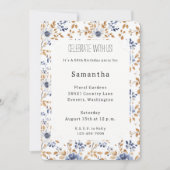シックロマンティックブルーホワイトフローラ誕生日 招待状 (正面)