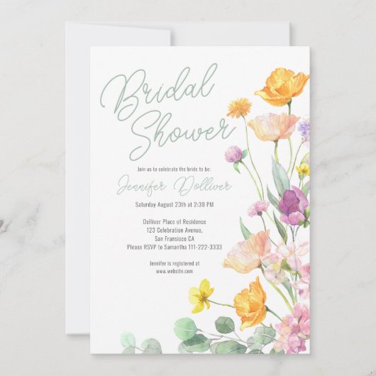 シックワイルドフラワースクリプトブライダルシャワー 招待状 (正面)