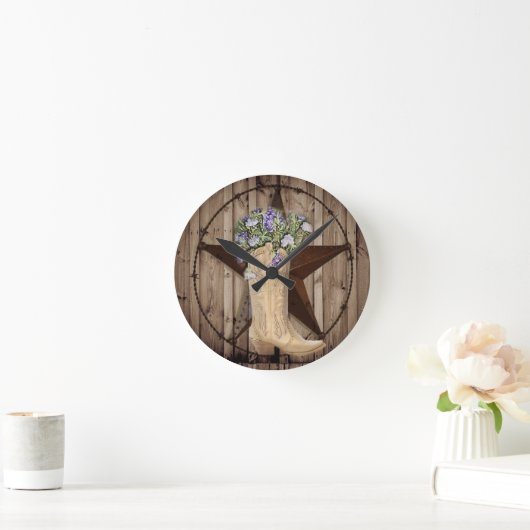 シックワイルドフラワーテキサス州スターウエスタンカントリー女性のカーボーイ ラウンド壁時計 (ホーム)