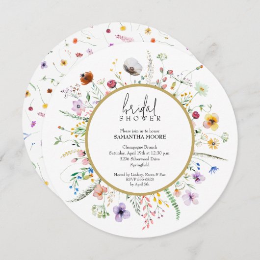 シックワイルドフラワーブライダルシャワーラウンド 招待状 (正面/裏面)
