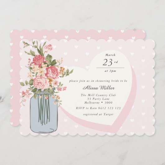 シックワイルドフラワーメイソンジャー赤面ブライダルシャワー 招待状 (正面/裏面)