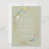 シックワイルドフラワーリースセージグリーンブライダルシャワー 招待状 (正面)