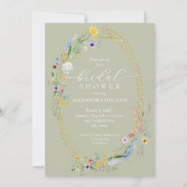 シックワイルドフラワーリースセージグリーンブライダルシャワー 招待状