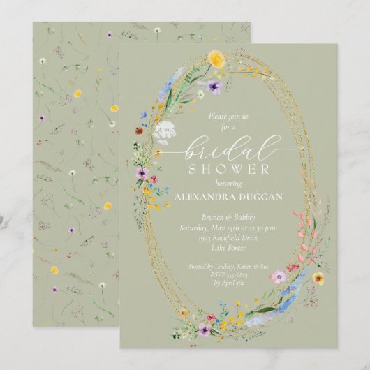 シックワイルドフラワーリースセージグリーンブライダルシャワー 招待状 (正面/裏面)