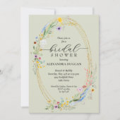 シックワイルドフラワーリースセージグリーンブライダルシャワー 招待状 (正面)