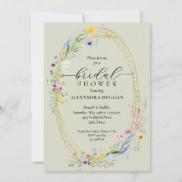 シックワイルドフラワーリースセージグリーンブライダルシャワー 招待状