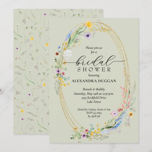 シックワイルドフラワーリースセージグリーンブライダルシャワー 招待状 (正面/裏面)