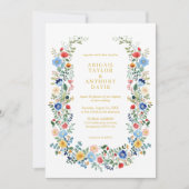 シックワイルドフラワーリース金ゴールドスクリプト庭園の結婚式 招待状 (正面)