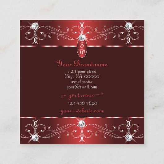 シックワインレッドブルゴーニュ華美オーナメントイニシャル スクエア名刺 (裏面)