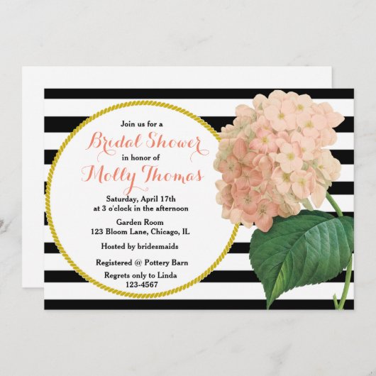 シックヴィンテージピンクアジサイ結婚ズブライダルシャワー 招待状 (正面/裏面)