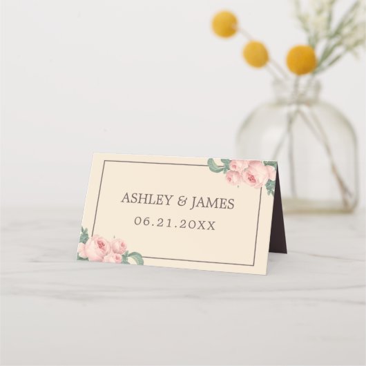 シックヴィンテージピンクローズアイボリーブルゴーニュ結婚ーズ プレイスカード (正面)