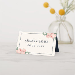 シックヴィンテージピンクローズオフホワイトダークブルー結婚ズ プレイスカード
