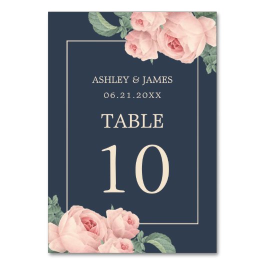 シックヴィンテージピンクローズダークブルー結婚ズ テーブルナンバー (正面)