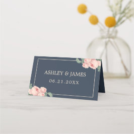 シックヴィンテージピンクローズダークブルー結婚ズ プレイスカード