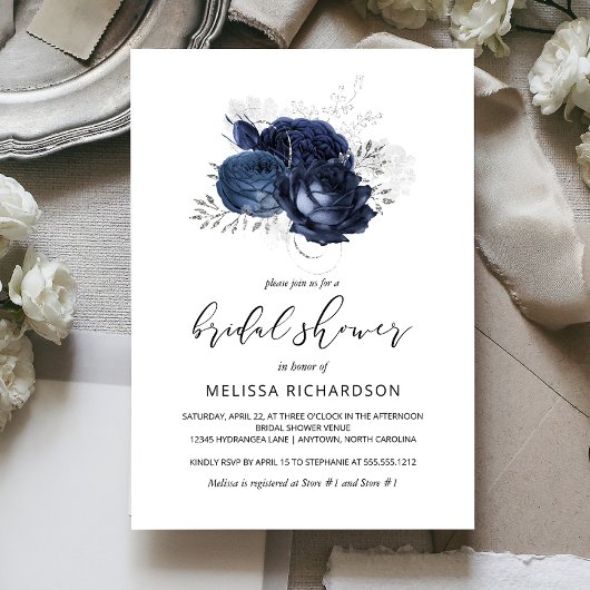 シックヴィンテージフローラネイビーブルーシルバーブライダルシャワー 招待状