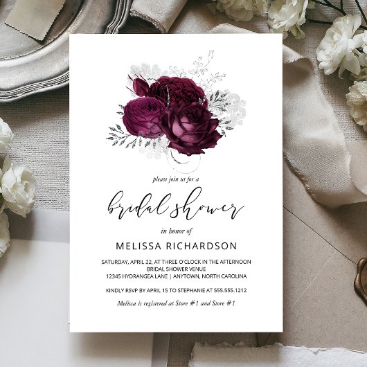 シックヴィンテージフローラブルガンディシルバーブライダルシャワー 招待状