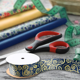 シックヴィンテージ金ゴールドスワールパターンラグジュアリーネイビーブルー サテンリボン