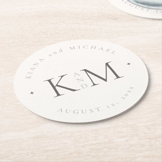 シック中和結婚イニシャルアイボリーID1020 ラウンドペーパーコースター (アングル)