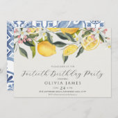 シック任意の年レモンタイル地中海の誕生日 招待状 (正面/裏面)