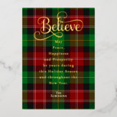シック信じグリーン&レッドクリスマススコットランドタータンチェック 箔シーズンカード (正面)