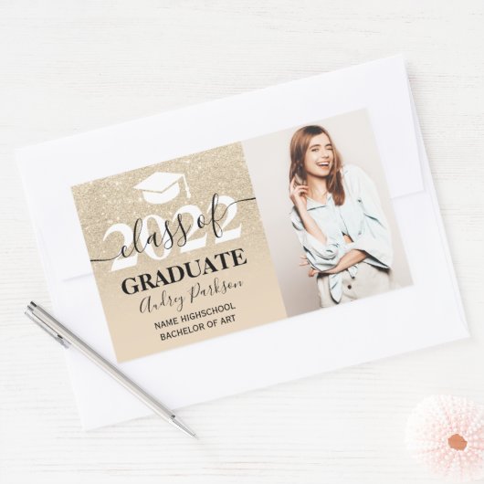 シック光金ゴールドグリッターグラデーション写真卒業 長方形シール (封筒)