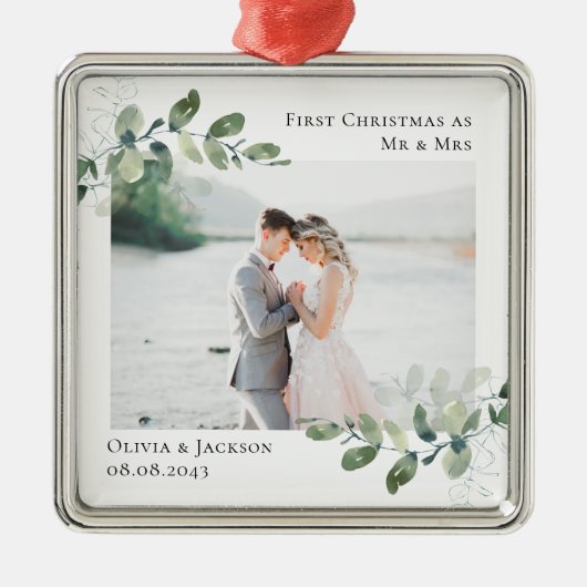 シック写真ユーカリ結婚ス メタルオーナメント (正面)